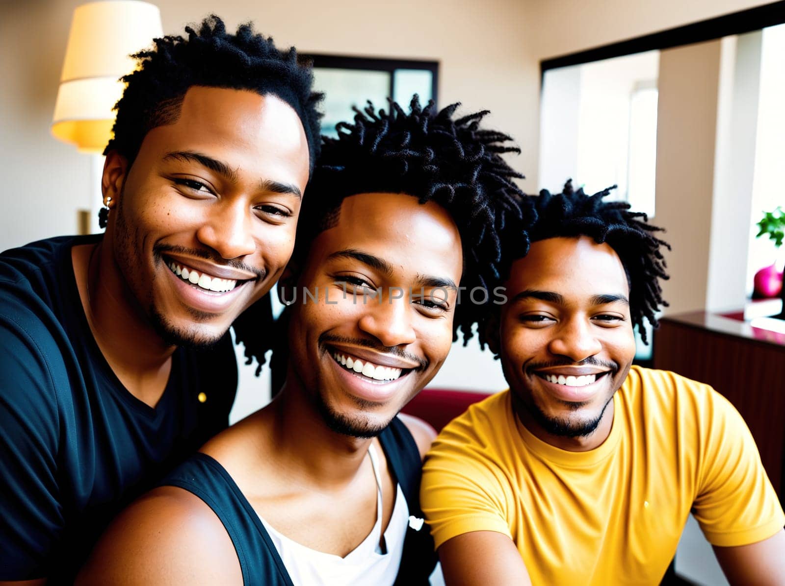 Three young men smiling and posing for a photo. by creart