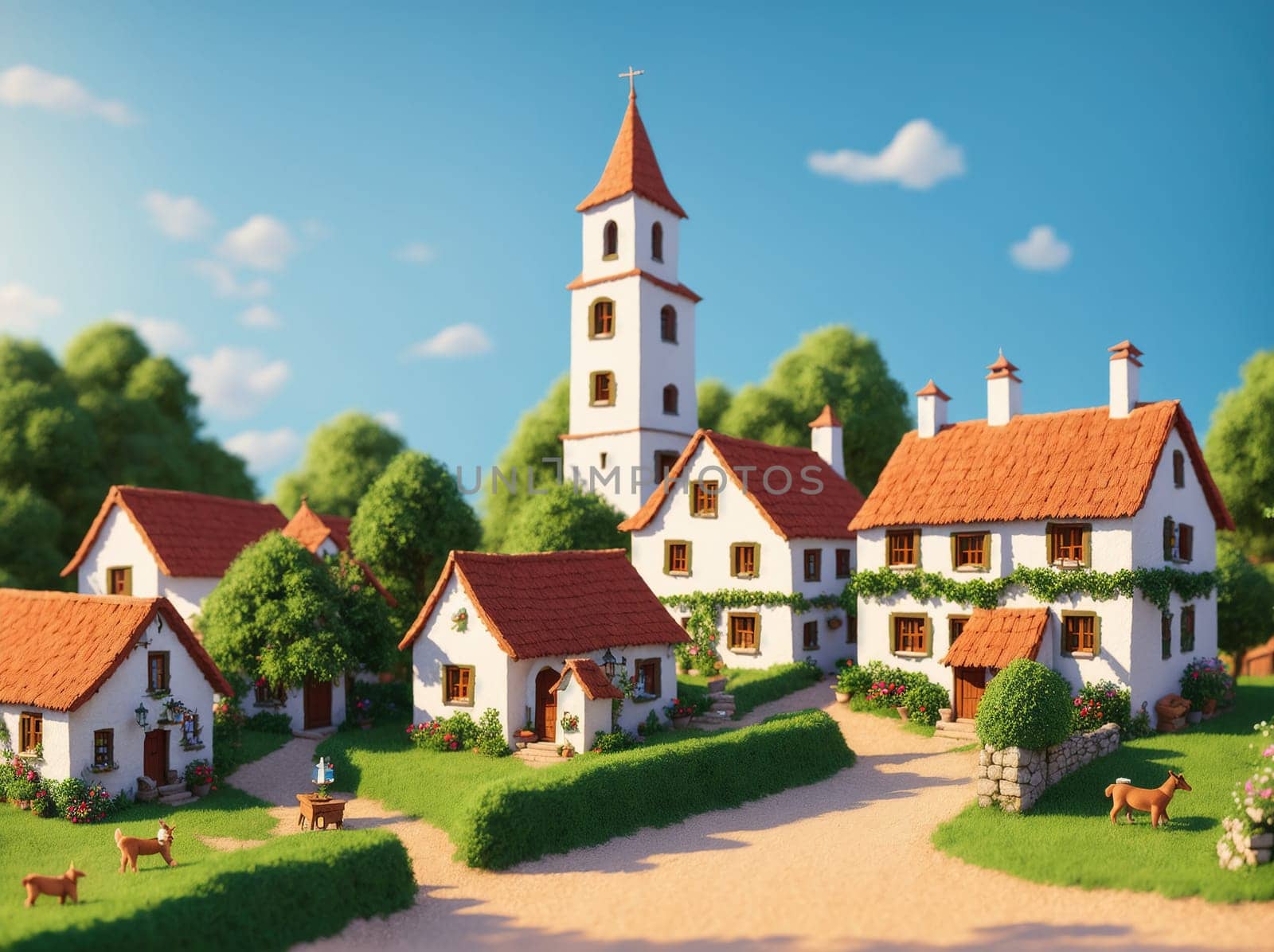 The image depicts a small village with several houses, a church, and a farm in the background.
