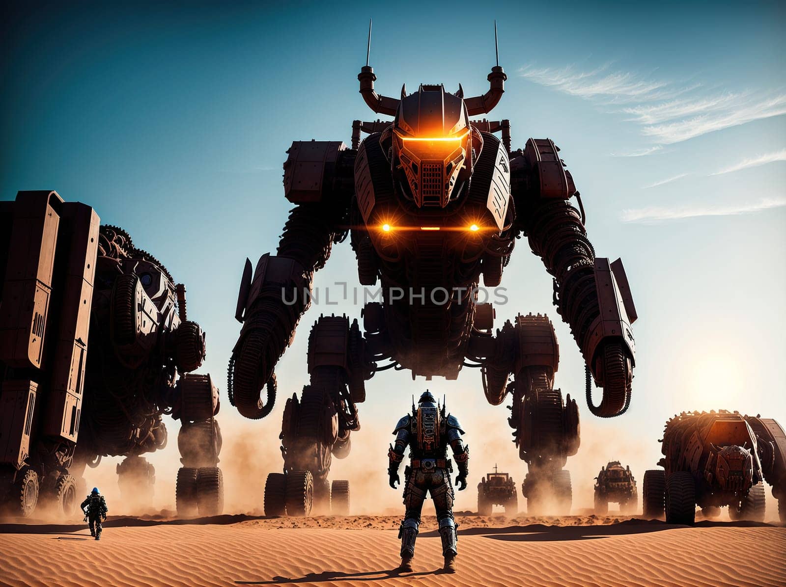 The image shows a group of robots standing in the middle of a desert, with one of them holding a large gun and the others standing around it in a formation.