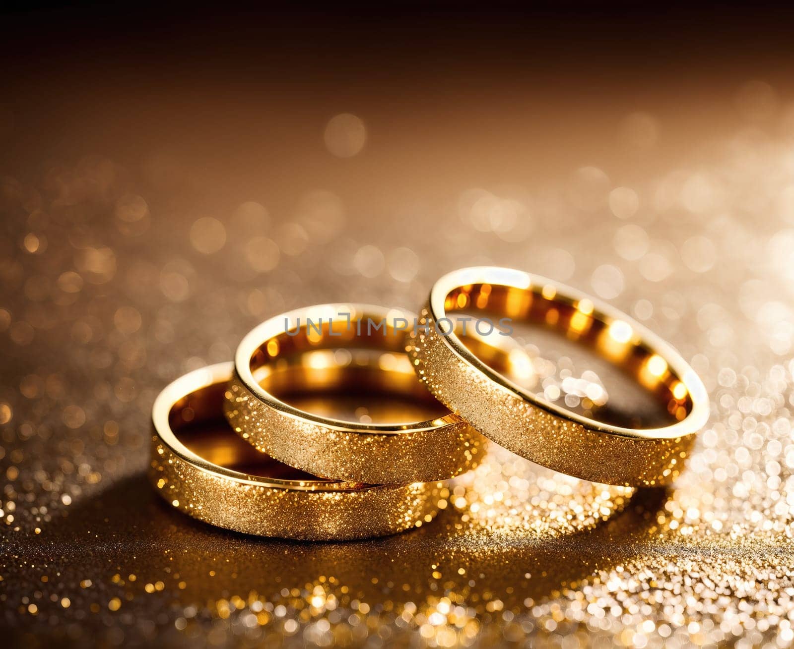Three gold wedding rings on a glittering background. by creart