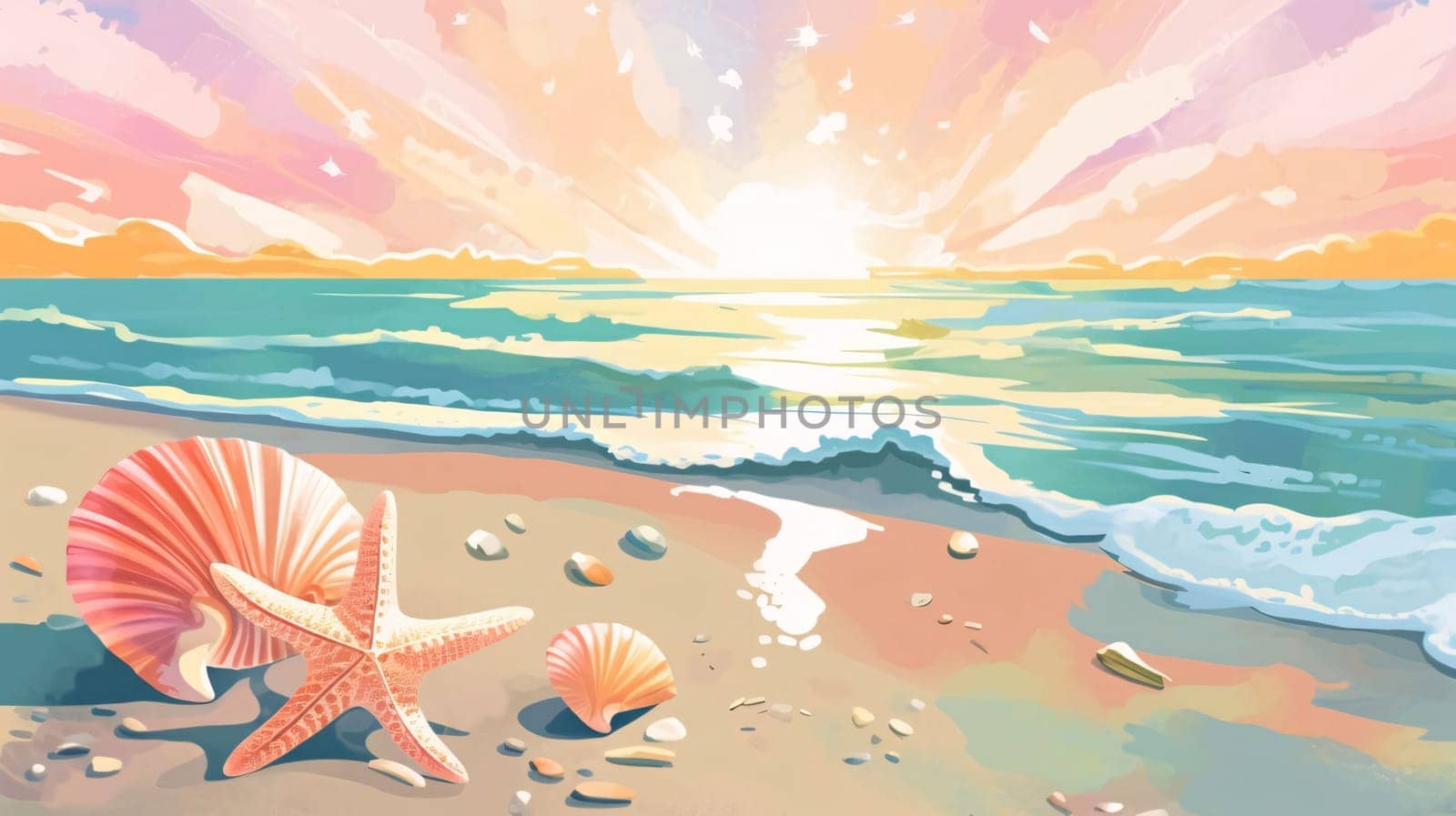 Banner: Summer beach background with seashells and starfish. Vector illustration.