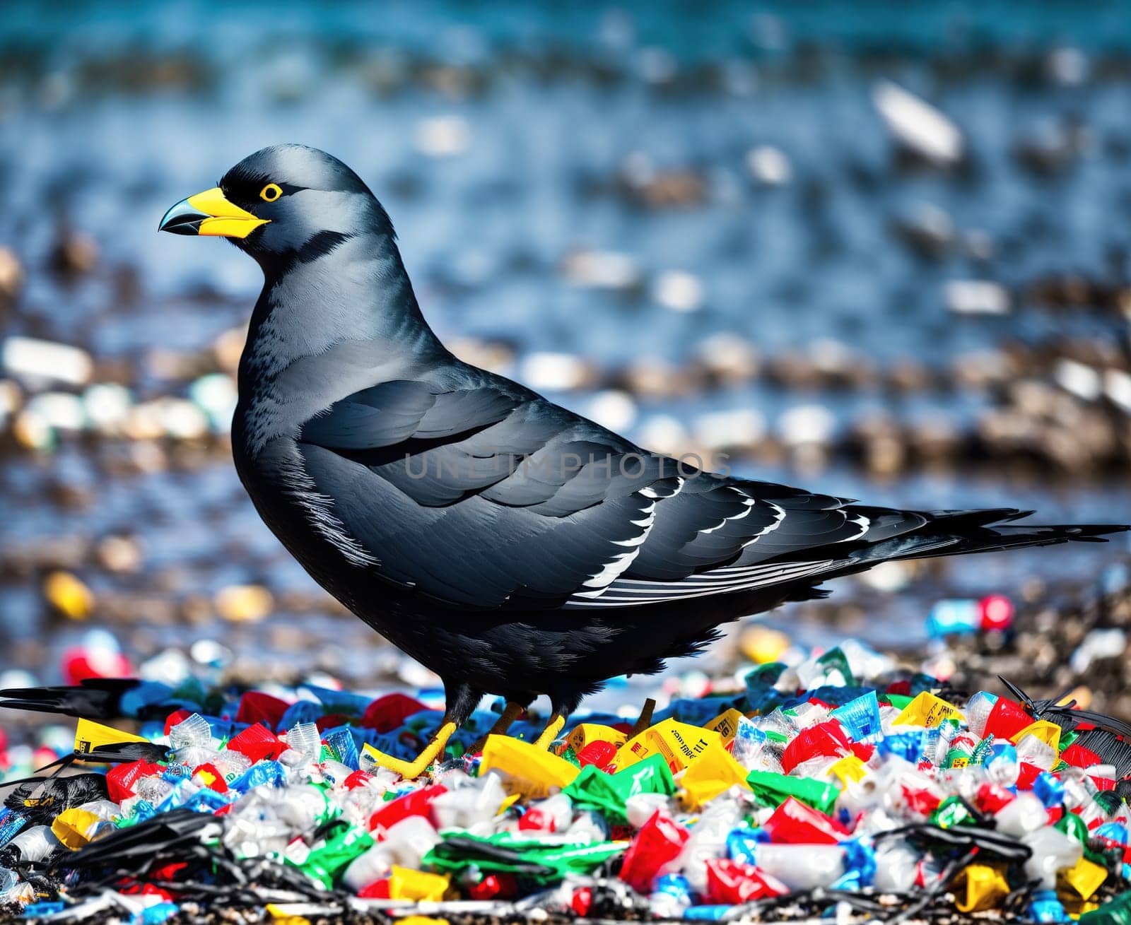 The image shows a black bird standing on top of a pile of plastic bottles and other trash in a beach setting.