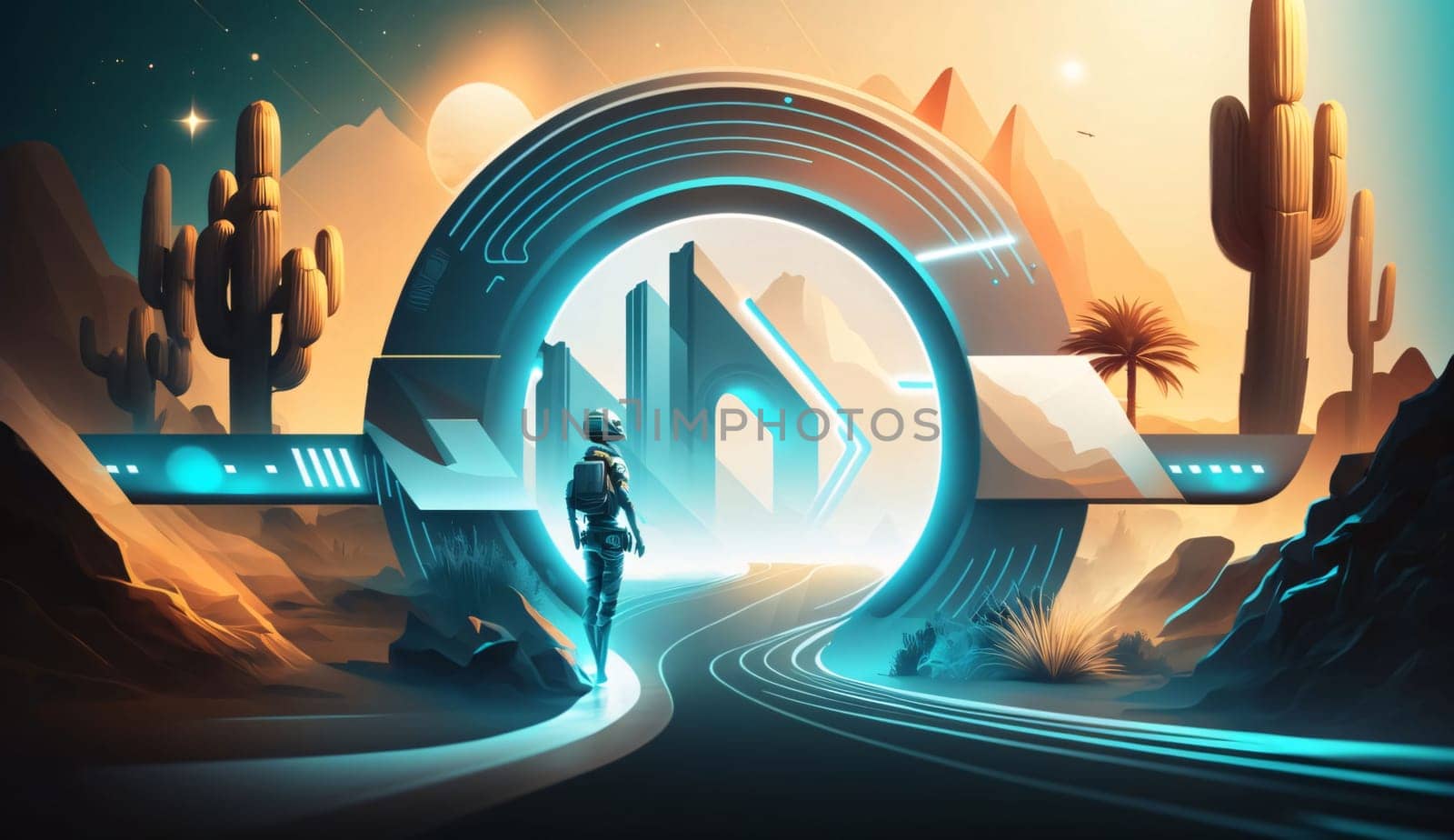 Banner: Cyborg woman with virtual reality headset in futuristic landscape background. 3D rendering