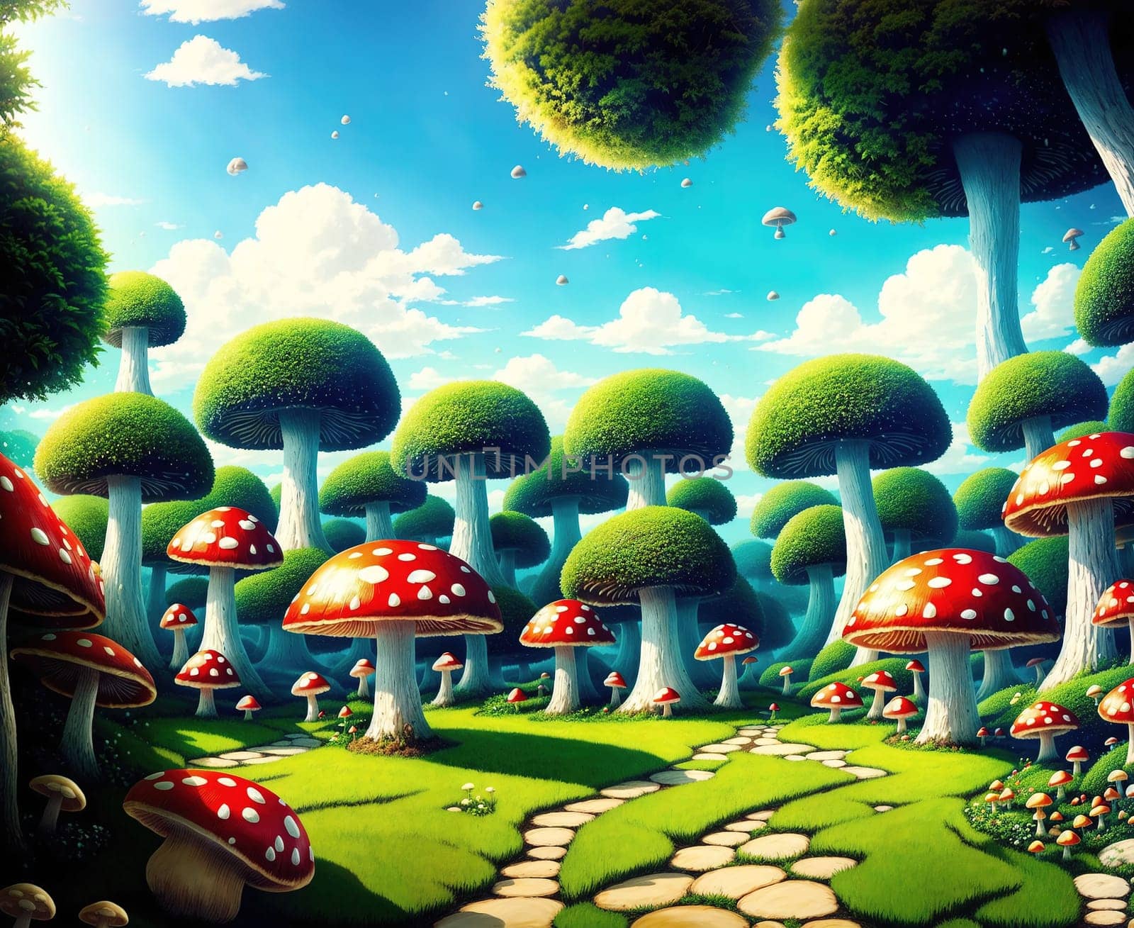 The image depicts a magical forest filled with mushrooms, trees, and a path leading through the woods.