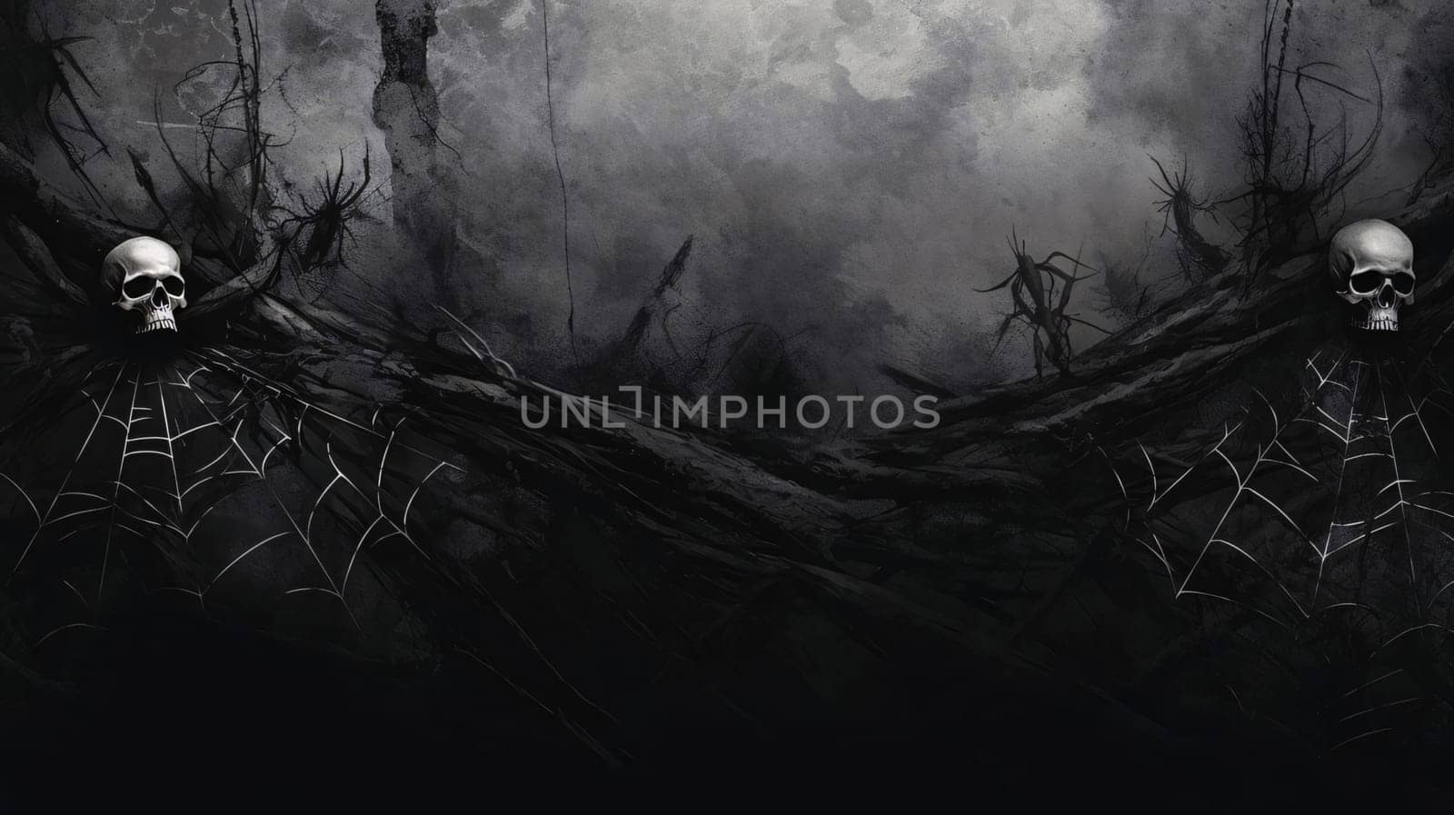 Halloween background with creepy spooky dark forest and human skull. by ThemesS