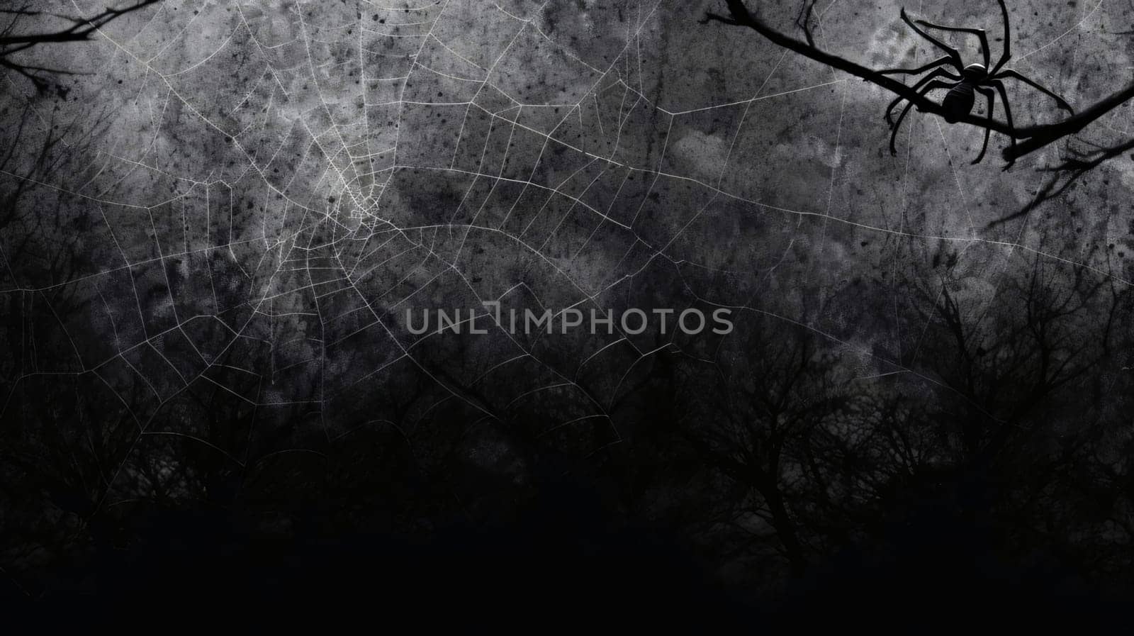 Banner: Halloween background with spiders and cobwebs, black and white