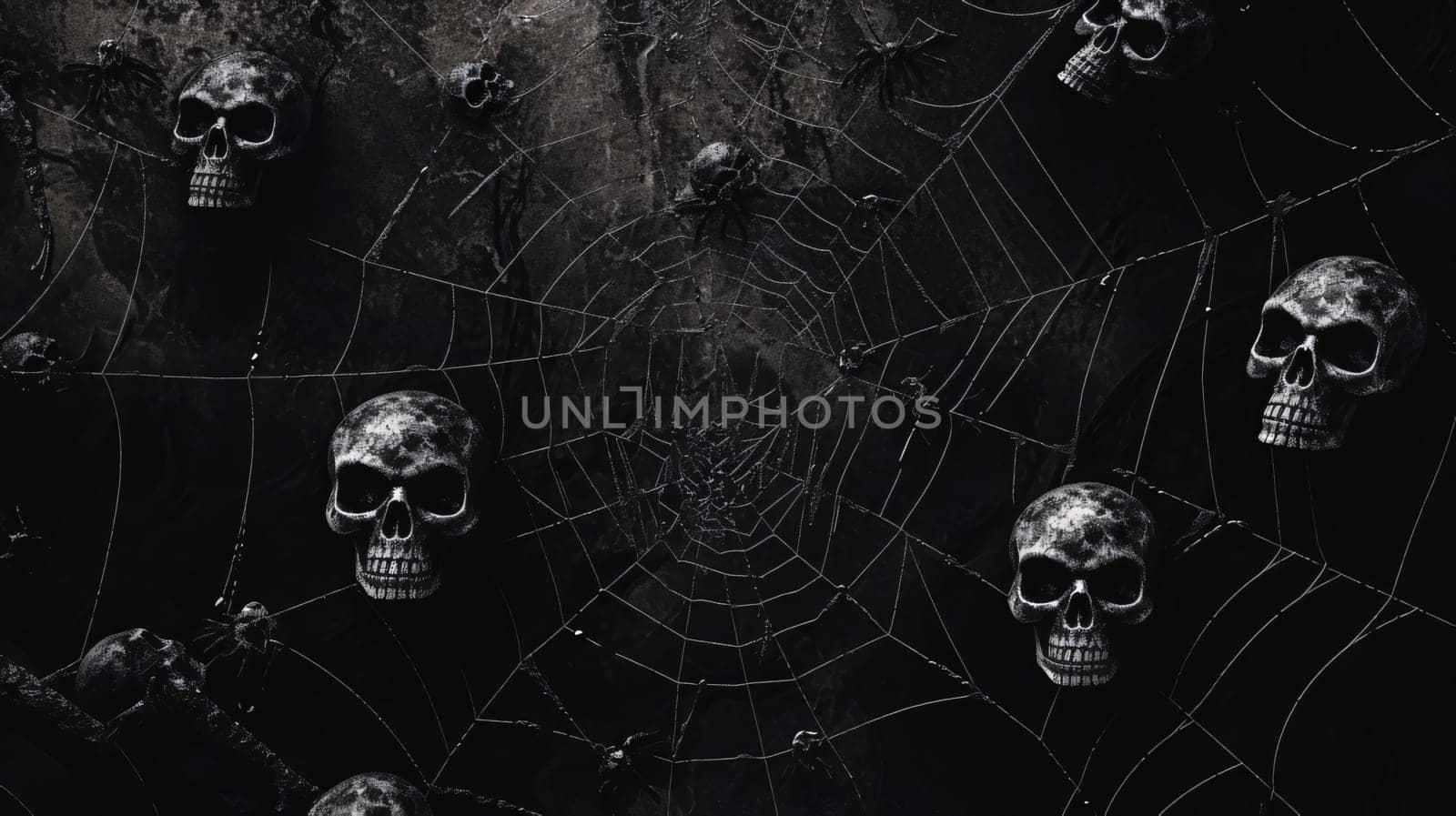 Banner: Halloween background with spider web, human skulls and cobwebs