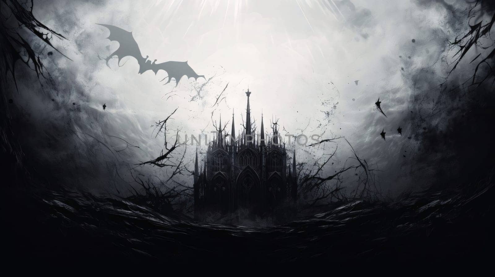 Banner: Halloween background with spooky castle and bats. 3d rendering