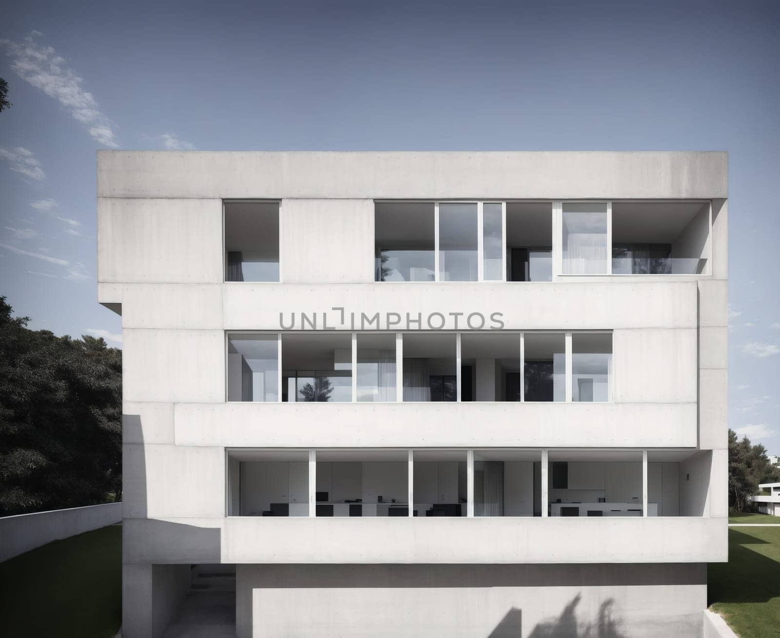 The image shows a modern white building with large windows and balconies on the upper floors, and a small garden in front of it.