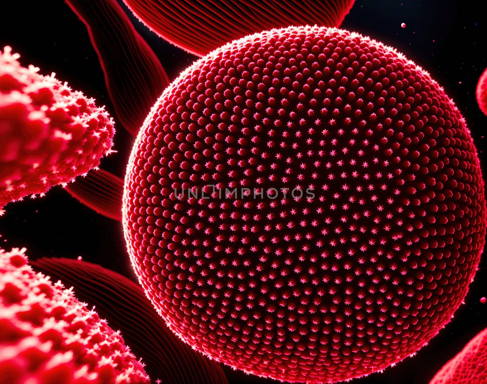 The image depicts a group of red and white cells arranged in a circular pattern.