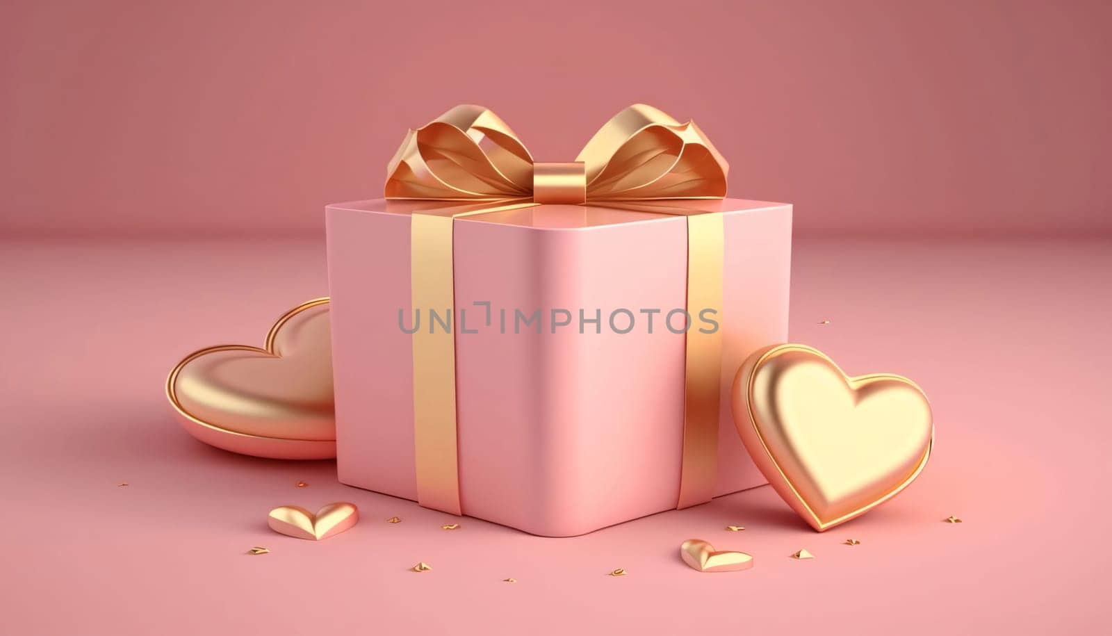 Banner: Gift box with gold bow and hearts on pink background. 3D rendering