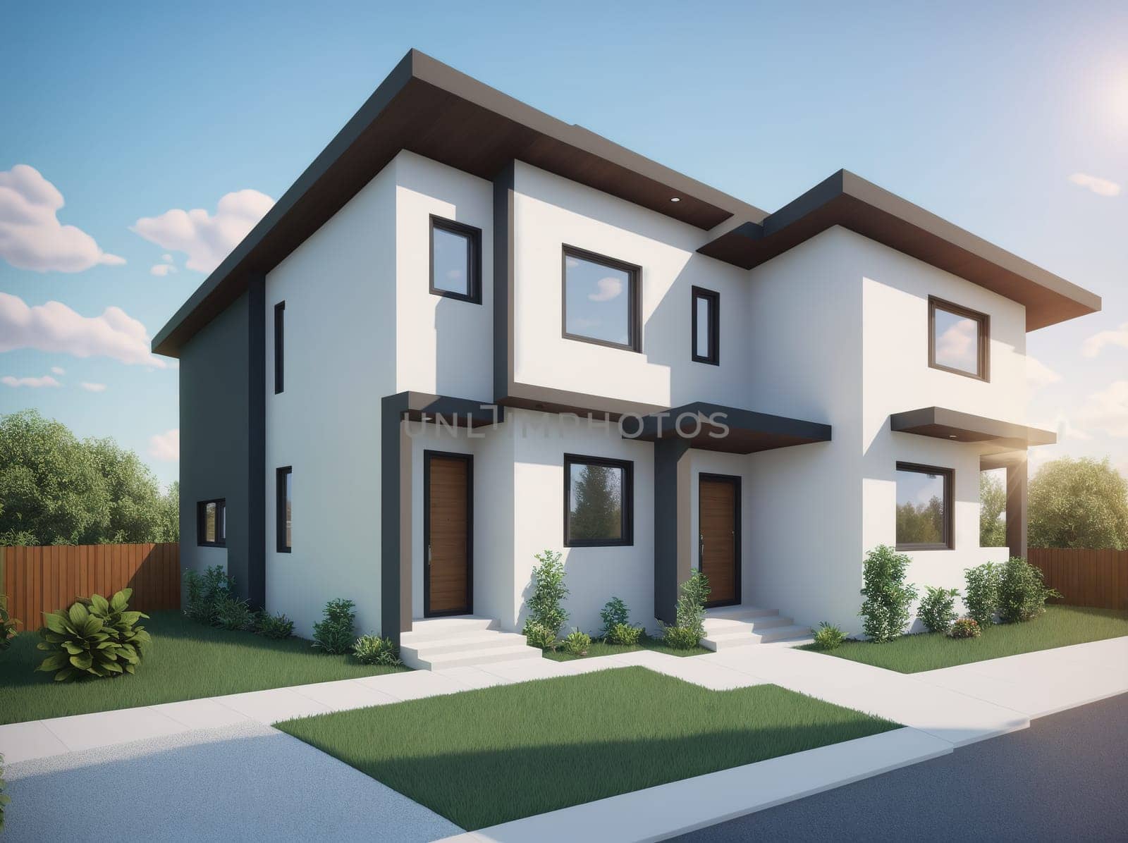 A rendering of a two-story house with a modern design. by creart