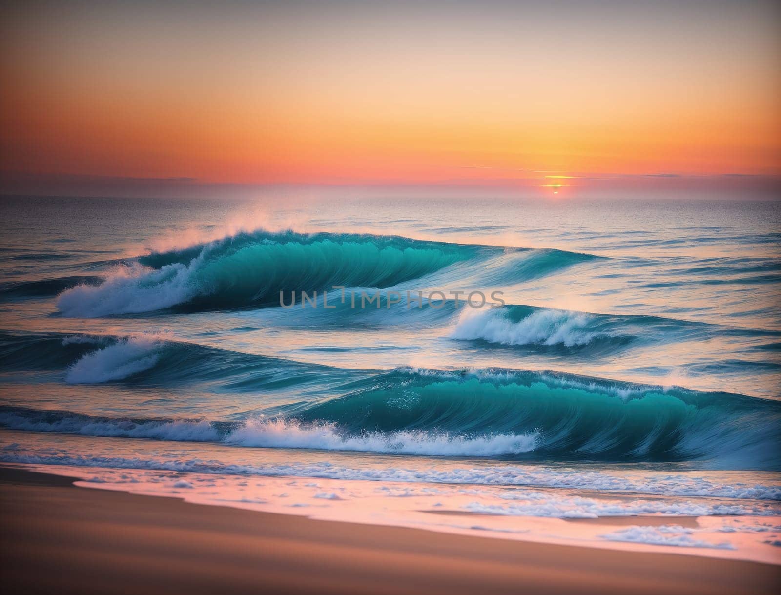 The image shows a sunrise over the ocean with large waves crashing against the shore.