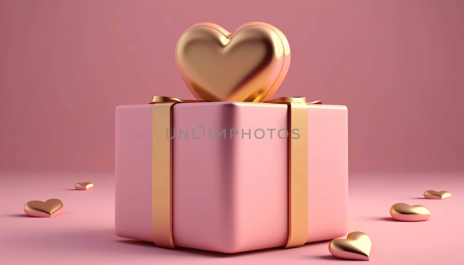 Gift box with gold heart on pink background. 3d rendering by ThemesS