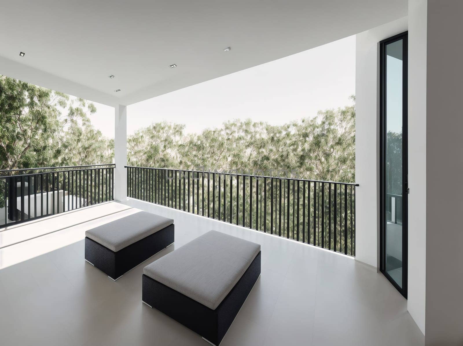 The image shows a balcony with two white couches and a view of the trees in the background.