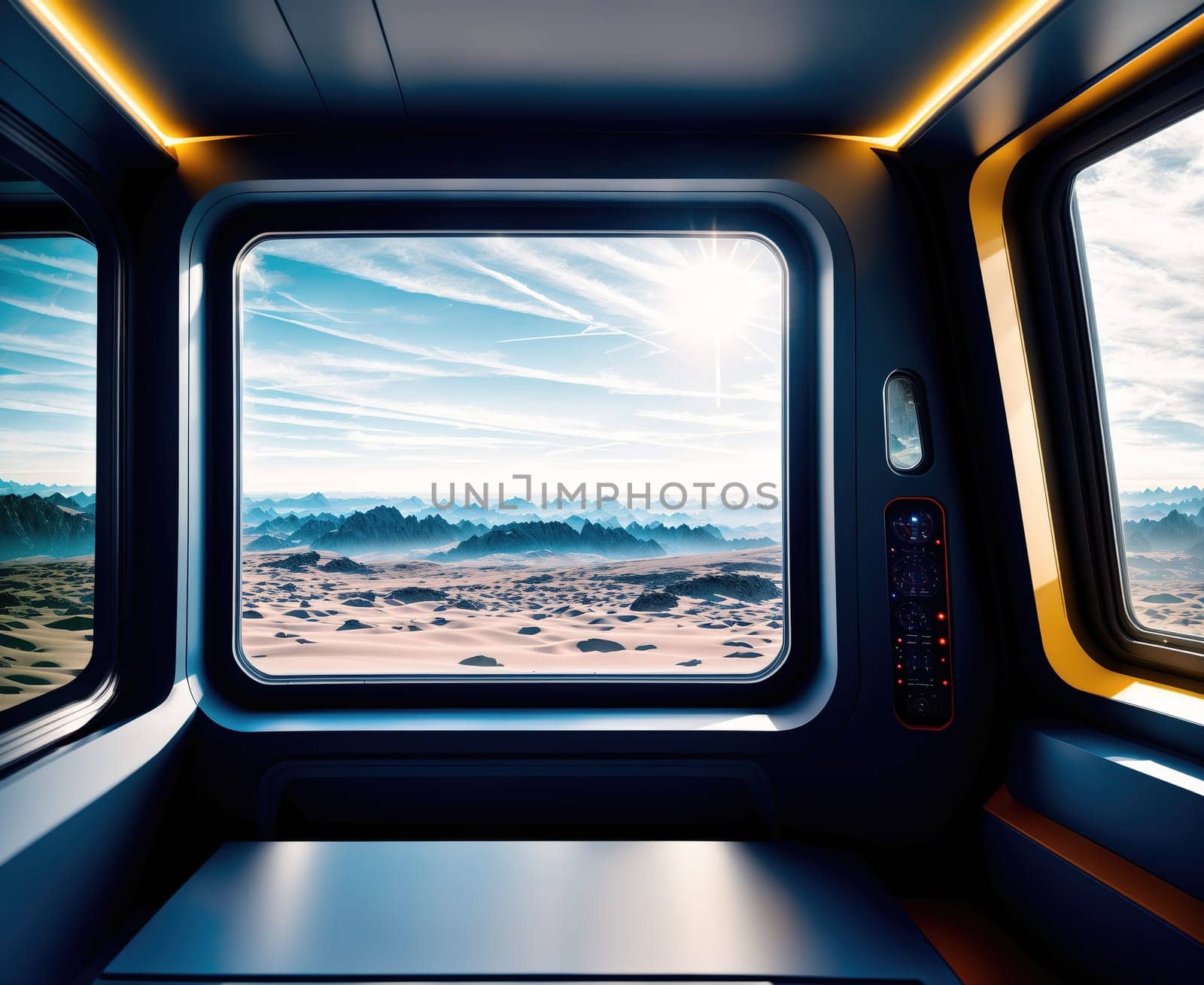 The image shows a futuristic train window with a view of a desert landscape outside.