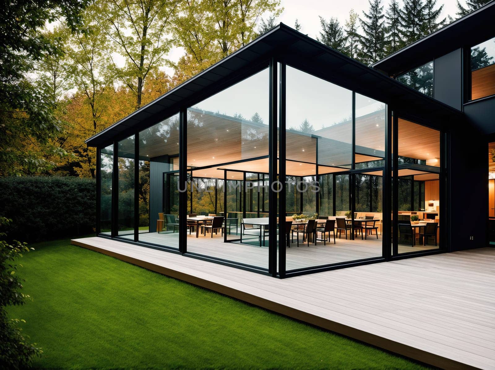 A modern glass-walled house with a spacious living room, dining room, and kitchen. by creart