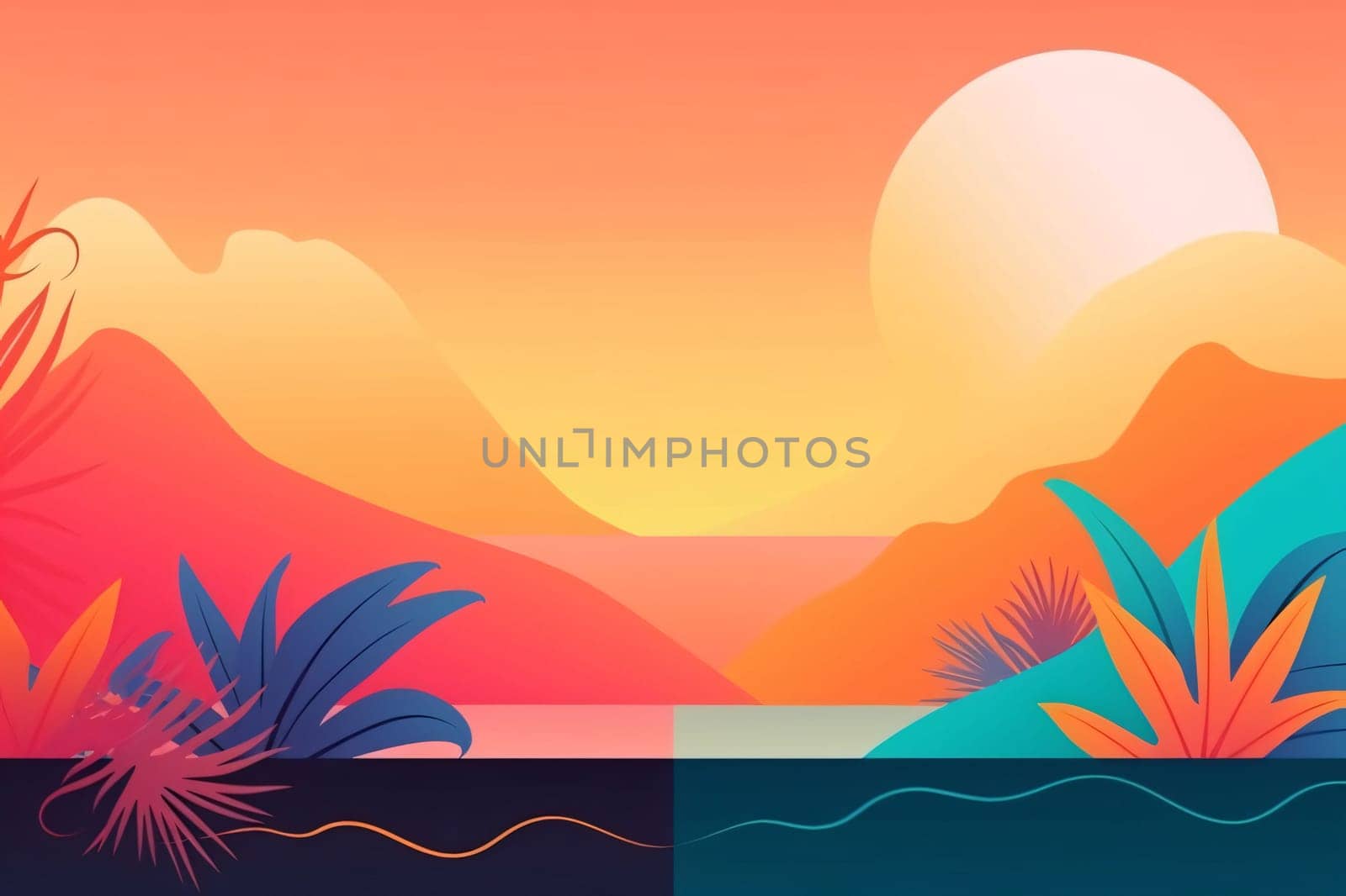 Banner: Illustration of a beautiful sunset in the tropics. Vector illustration