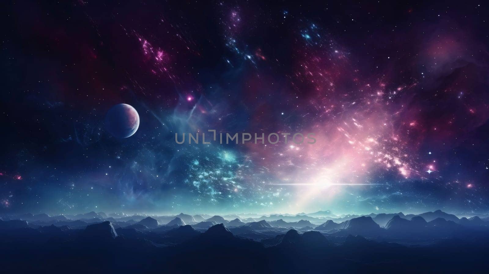 Banner: Night sky with stars and nebula as background. 3D rendering