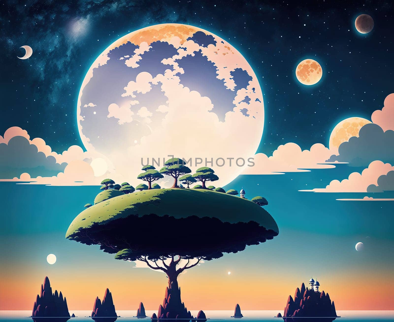 The image depicts a small island in the middle of a vast ocean, with a lone tree on top of it, surrounded by clouds and stars in the sky.
