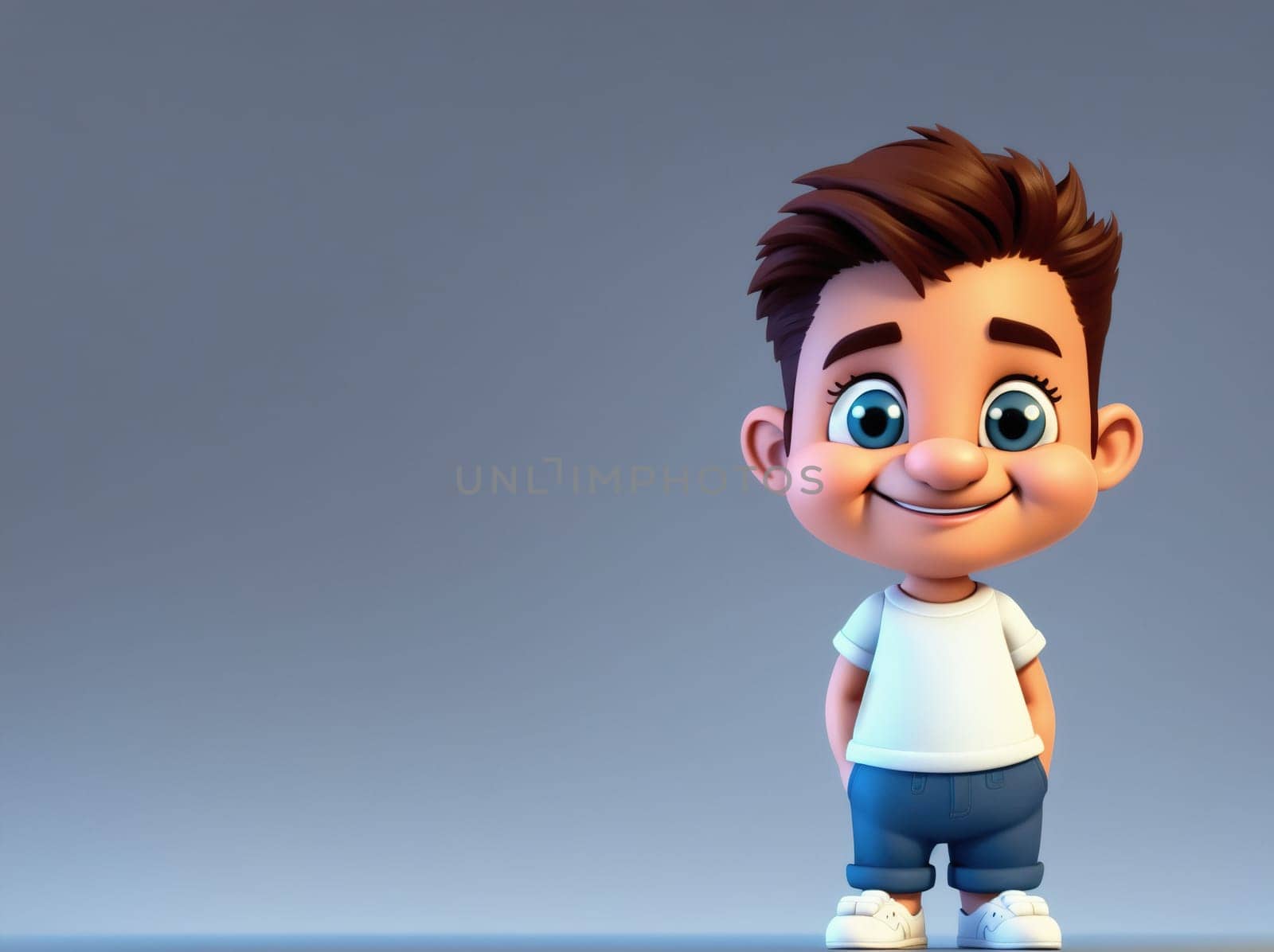 The image is a 3D rendering of a young boy standing with his hands on his hips, looking up at the camera.