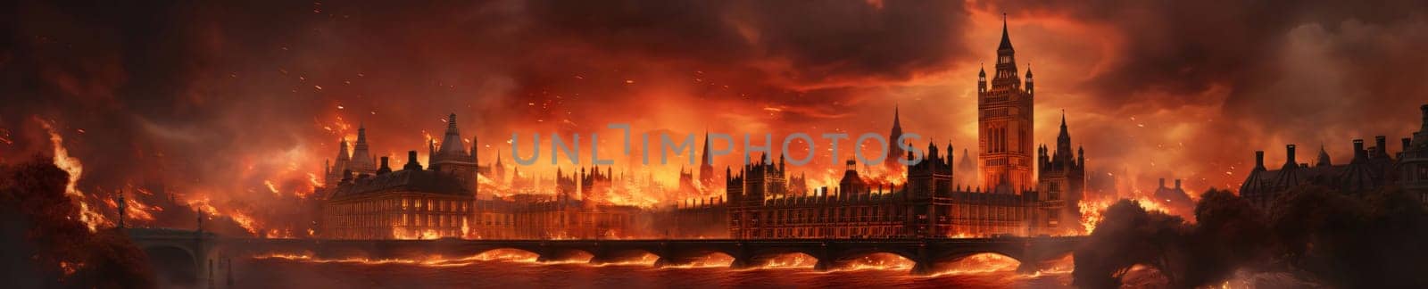 Banner: Panoramic view of the Big Ben and the Houses of Parliament during a fire.