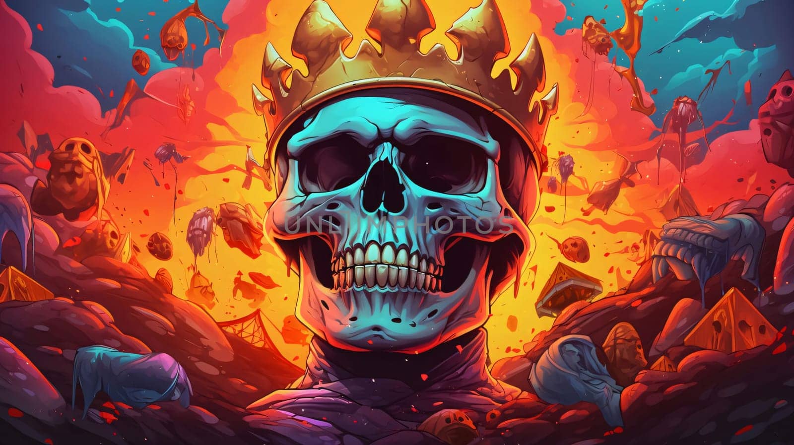 Banner: Skull in a crown. Fantasy background. 3d illustration.