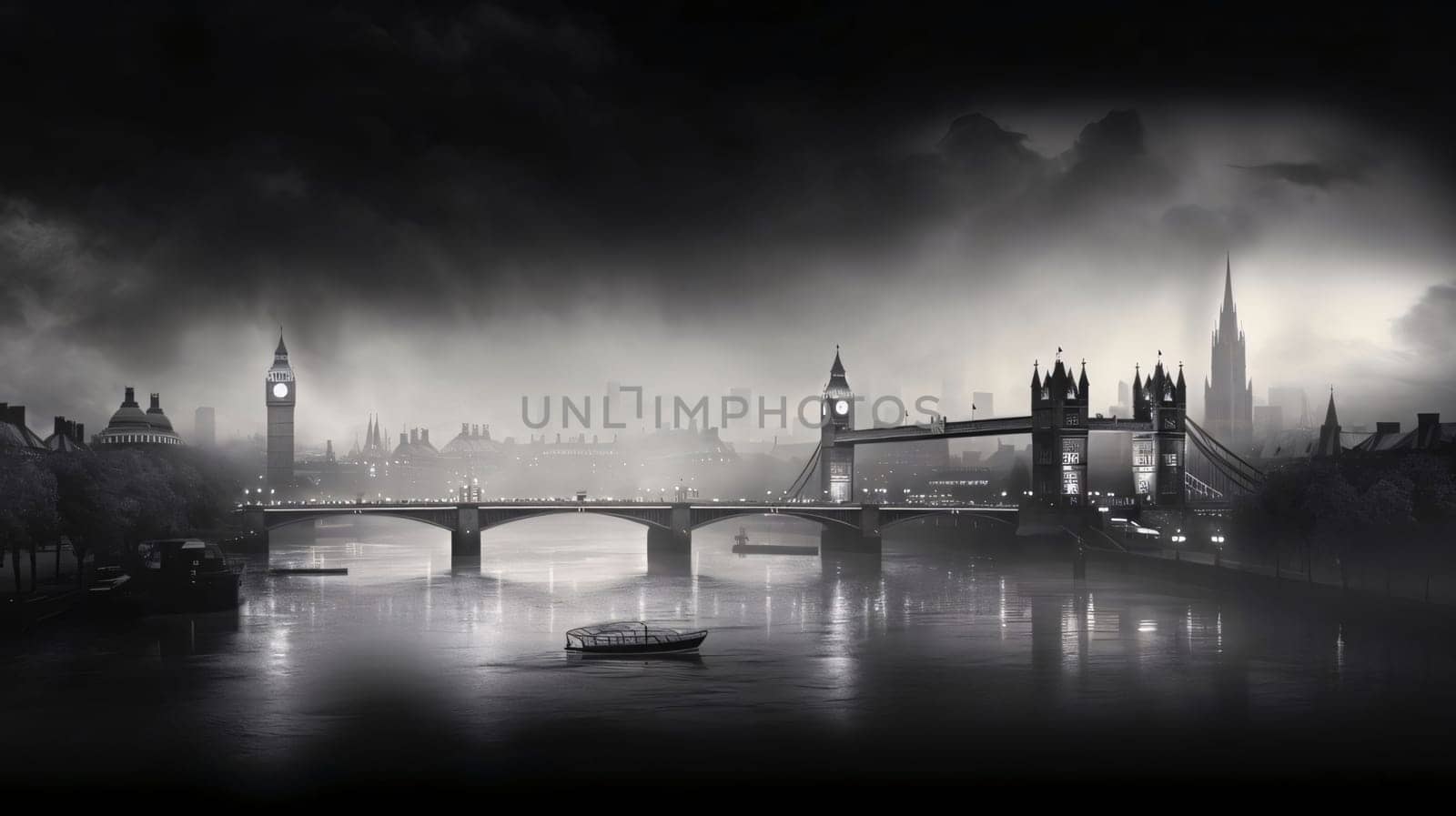 Panoramic view of London at night with fog. 3D Rendering by ThemesS