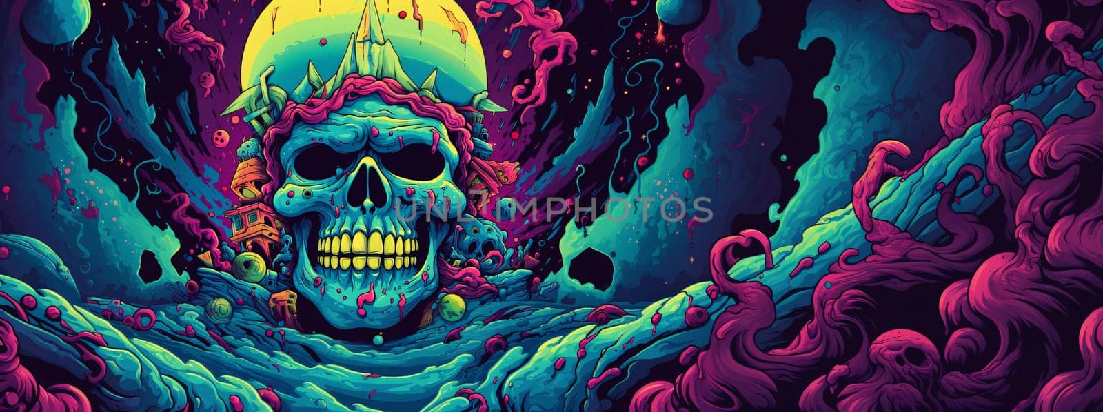 Banner: Skull in the sea. Vector illustration of a cartoon skull.
