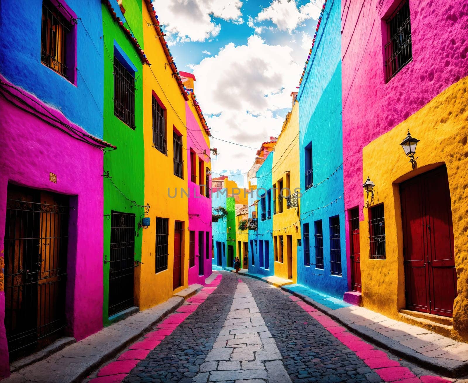 The image shows a narrow, colorful street lined with brightly painted buildings on either side.