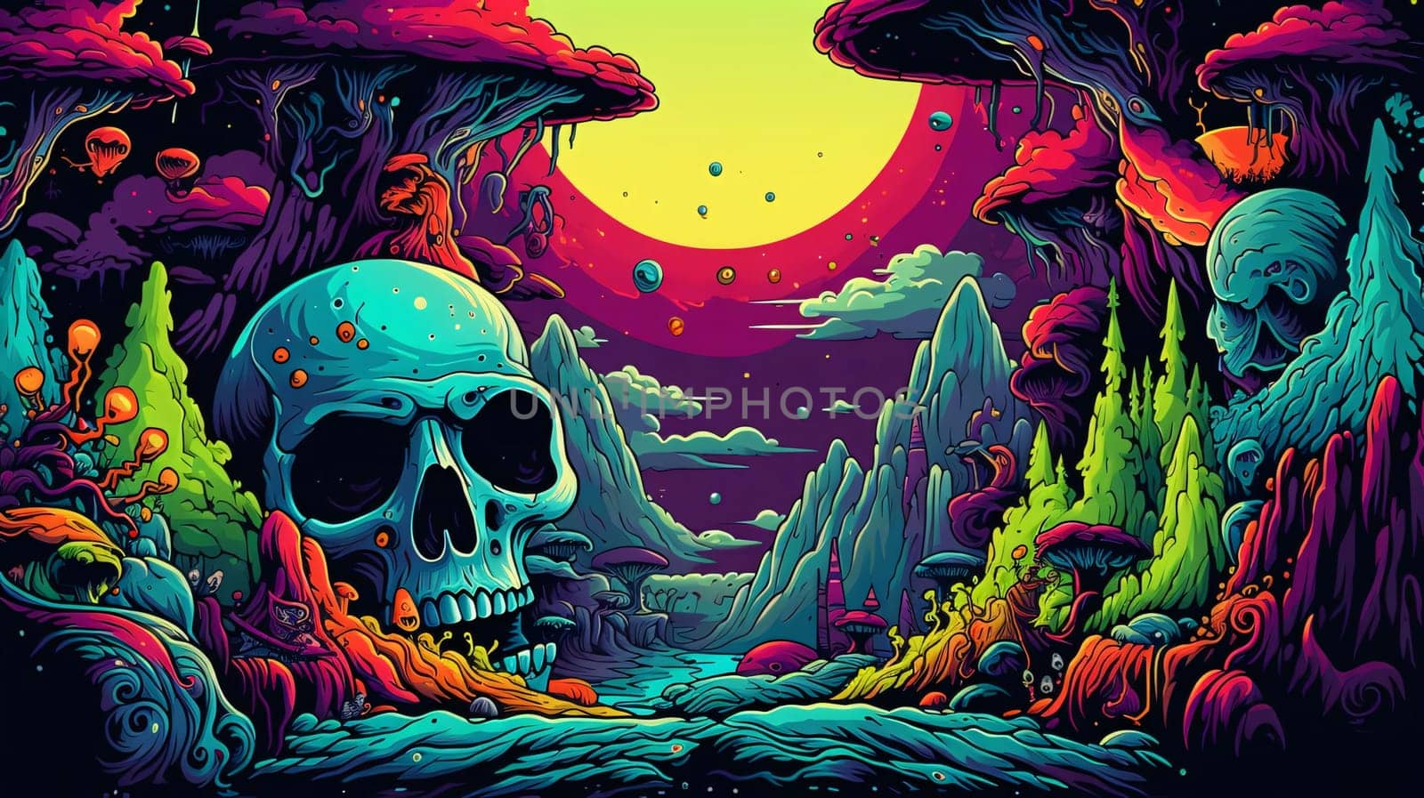 Banner: Vector illustration of cartoon spooky alien landscape with human skull in the jungle.