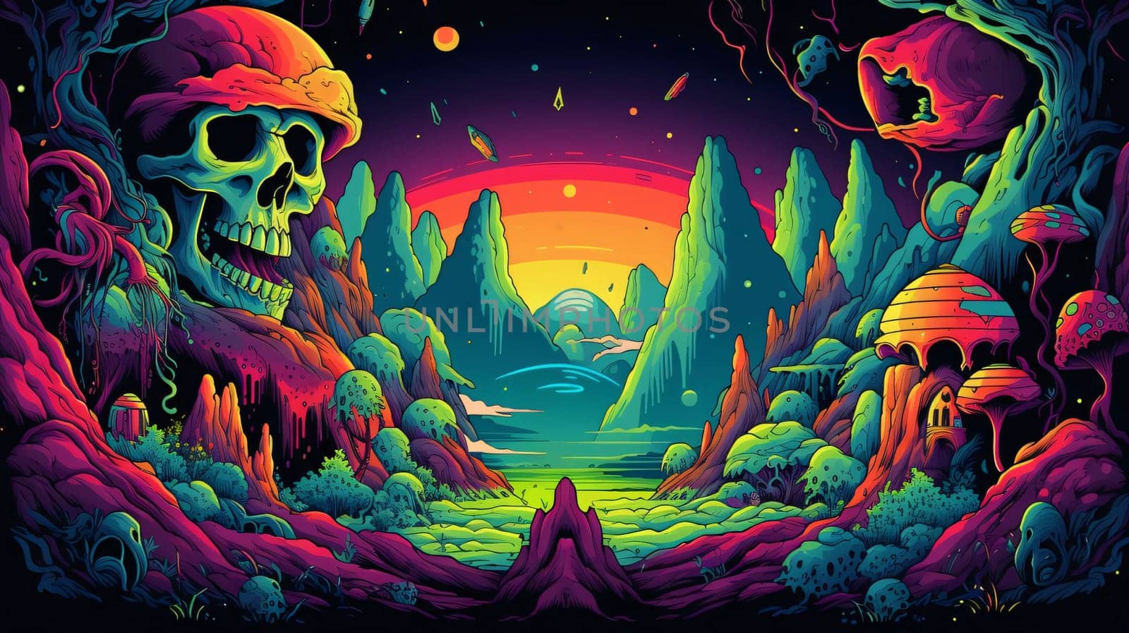Banner: Skull in the desert. Fantasy landscape. Cartoon style. Vector illustration.
