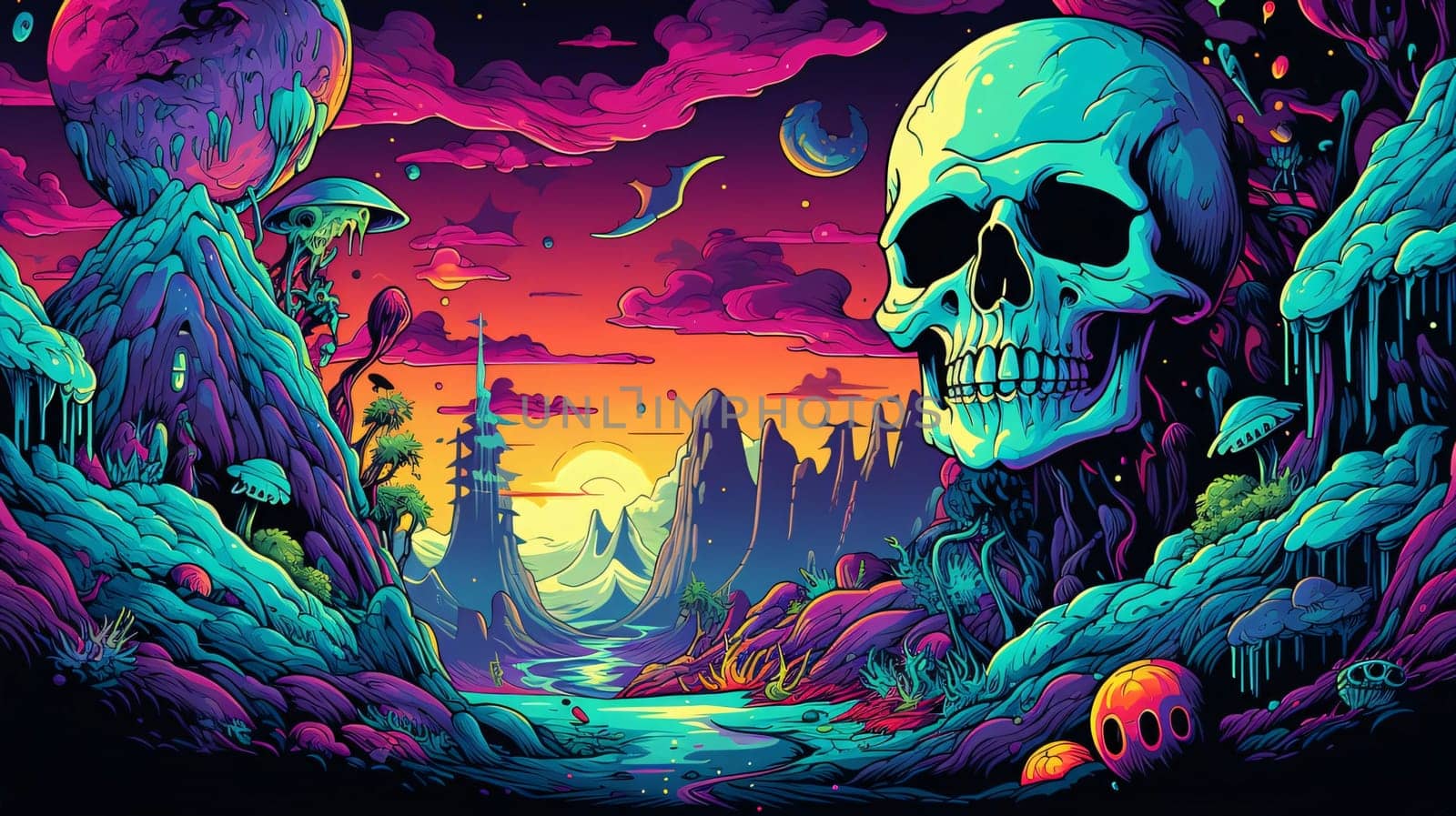 Banner: Skull in the mountains. Vector illustration of a fantasy landscape.