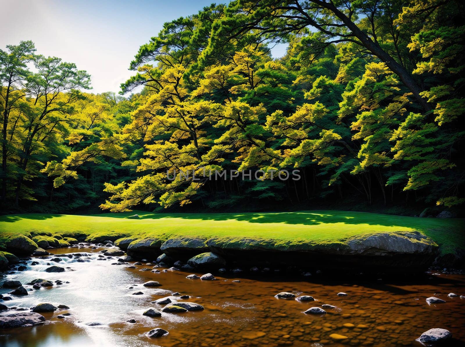 The image depicts a serene landscape with a small stream running through a lush green forest, surrounded by tall trees and rocks.