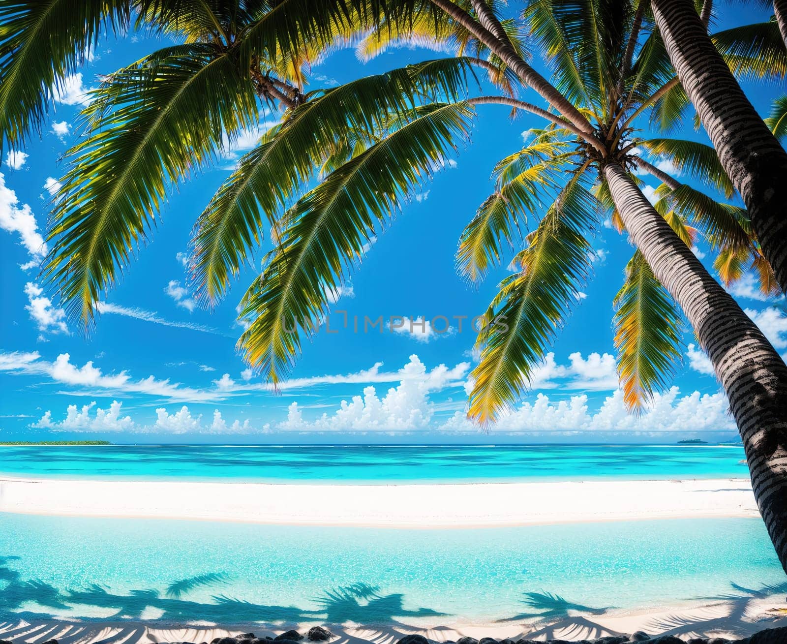 A beach with palm trees and a clear blue ocean in the background. by creart