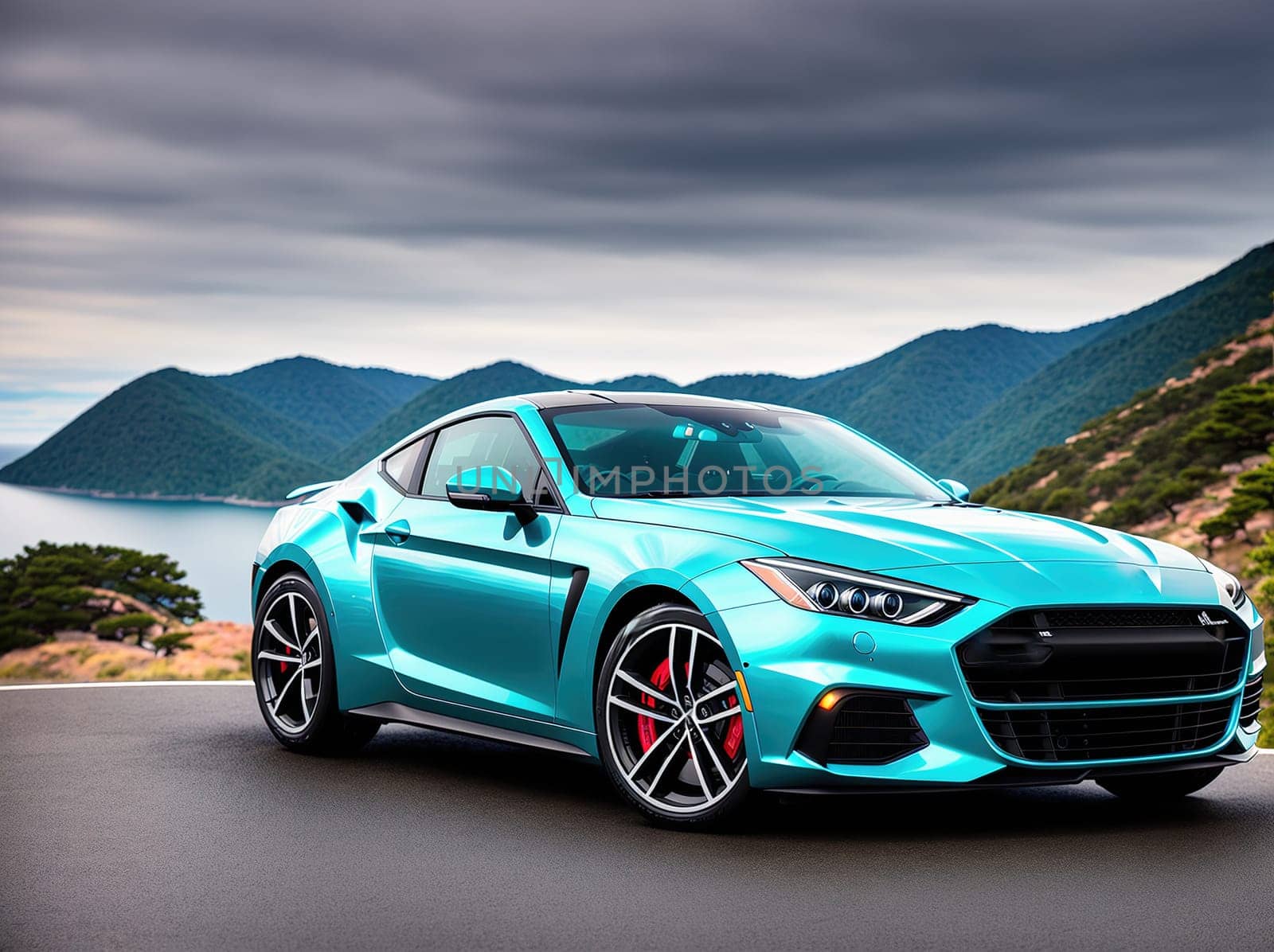 A blue sports car parked on the side of a winding road with mountains in the background. by creart