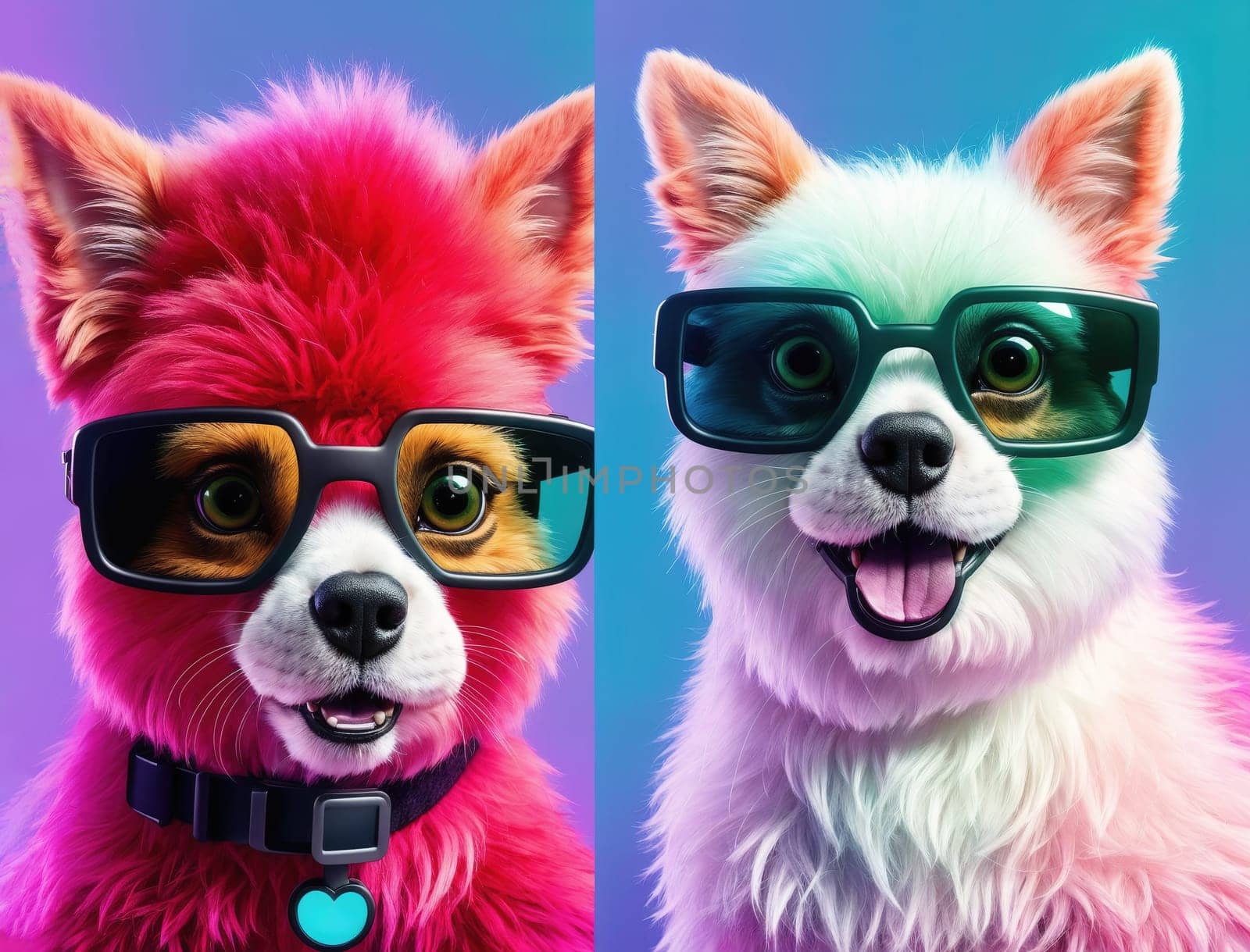 Three dogs wearing sunglasses and smiling at the camera. by creart