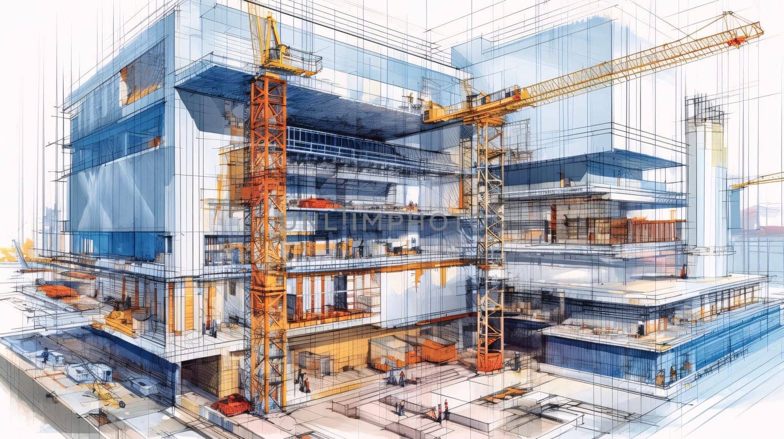 Banner: 3d rendering of a building under construction with cranes and workers