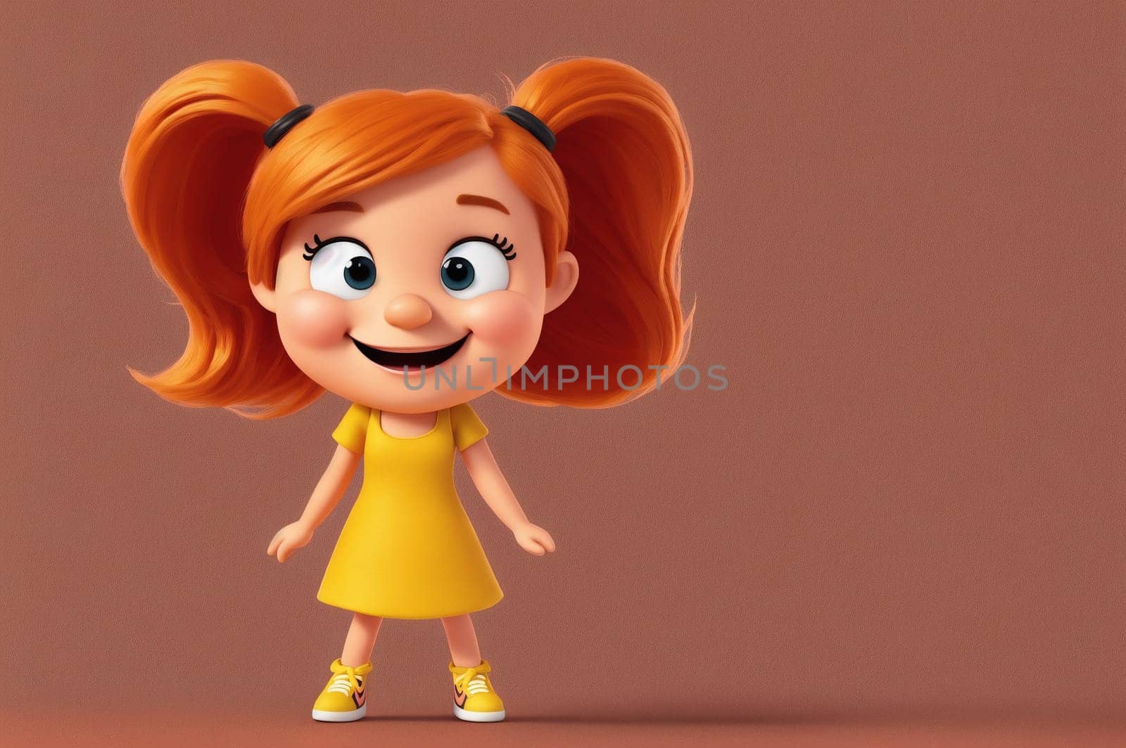 The image is of a cartoon girl wearing a yellow dress and standing with her hands on her hips, smiling at the camera.