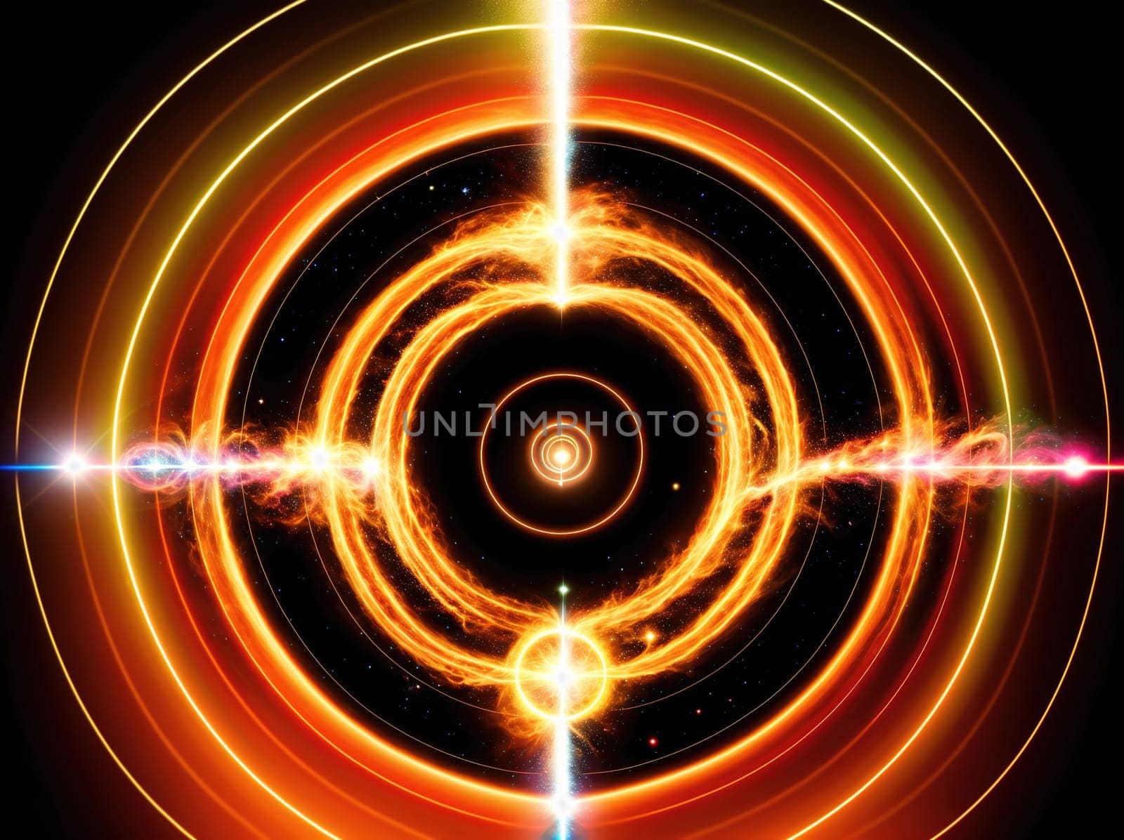 The image is a stylized representation of a spiral galaxy with vibrant, swirling colors.