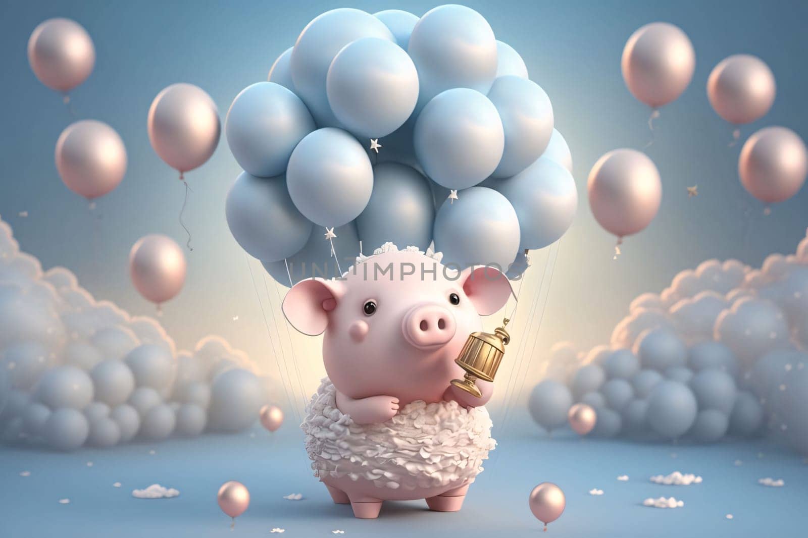 3D rendering of a cute pig with a lantern and balloons in the sky by ThemesS