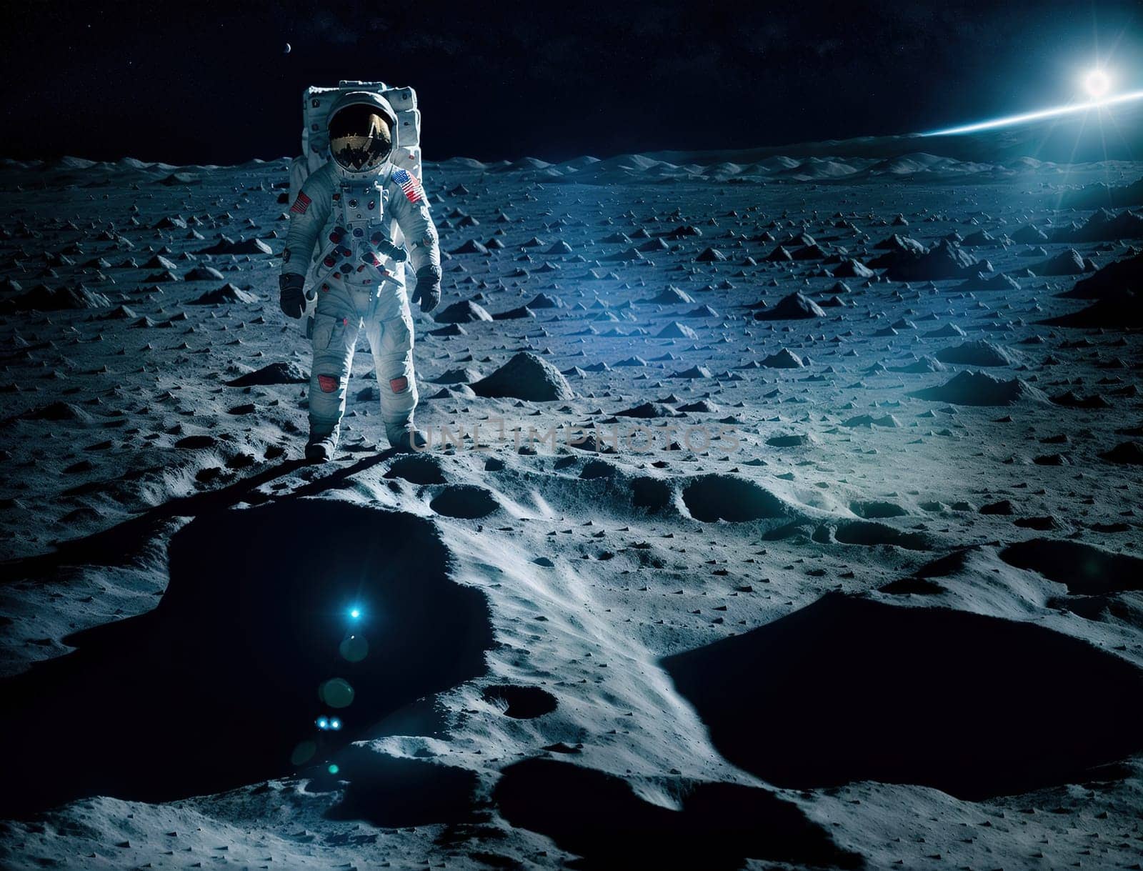 The image shows a person standing on the surface of the moon, looking up at the sky.