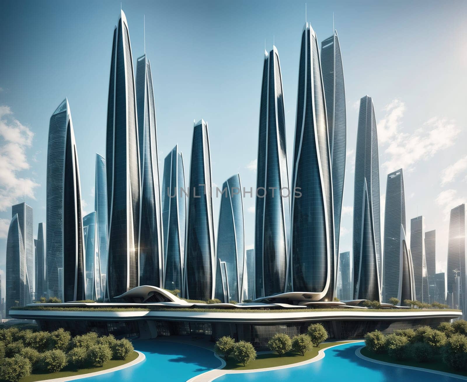 The image depicts a futuristic cityscape with tall, sleek skyscrapers and a river running through the center of the city.