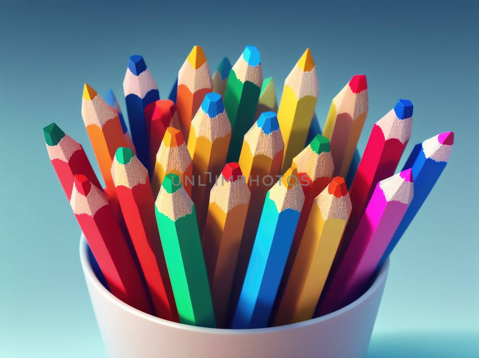 The image is a white cup filled with colorful pencils.