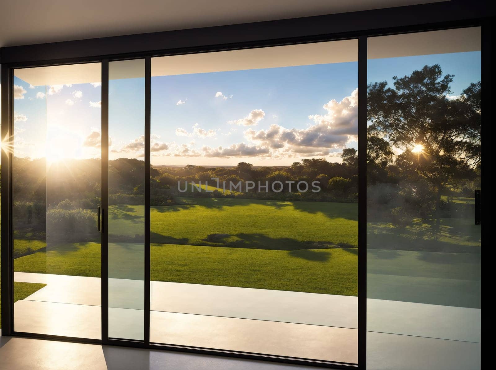 The image shows a large window with a view of a golf course and a sunset in the background.