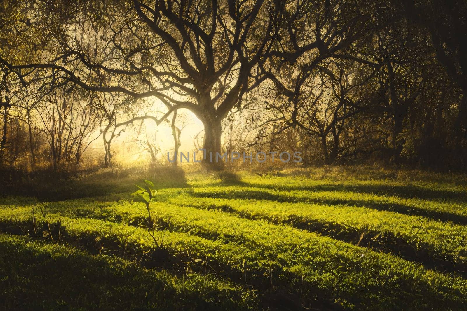 Banner: Sunset in the oak grove with sun rays passing through the trees