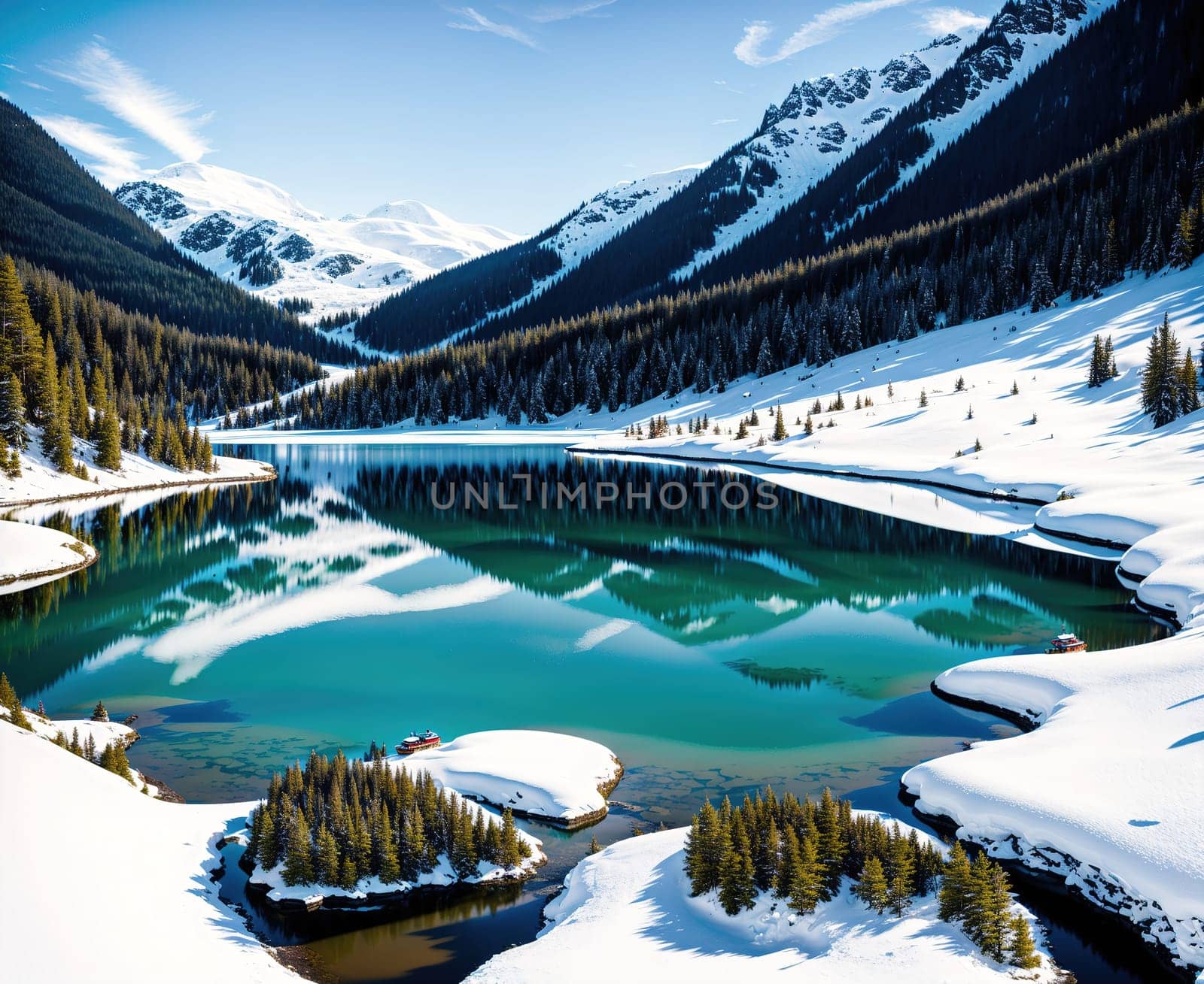 The image shows a serene winter landscape with snow covered mountains in the background and a small lake in the foreground with a reflection of the mountains in the water.