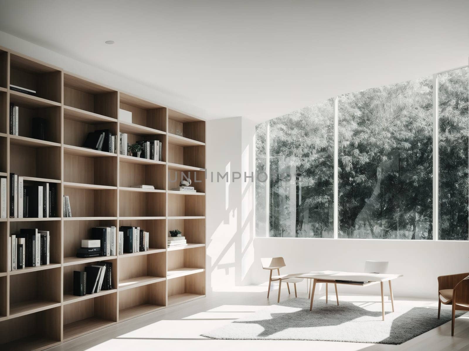 The image depicts a spacious and modern living room with white walls, wooden floors, and large windows that let in natural light.