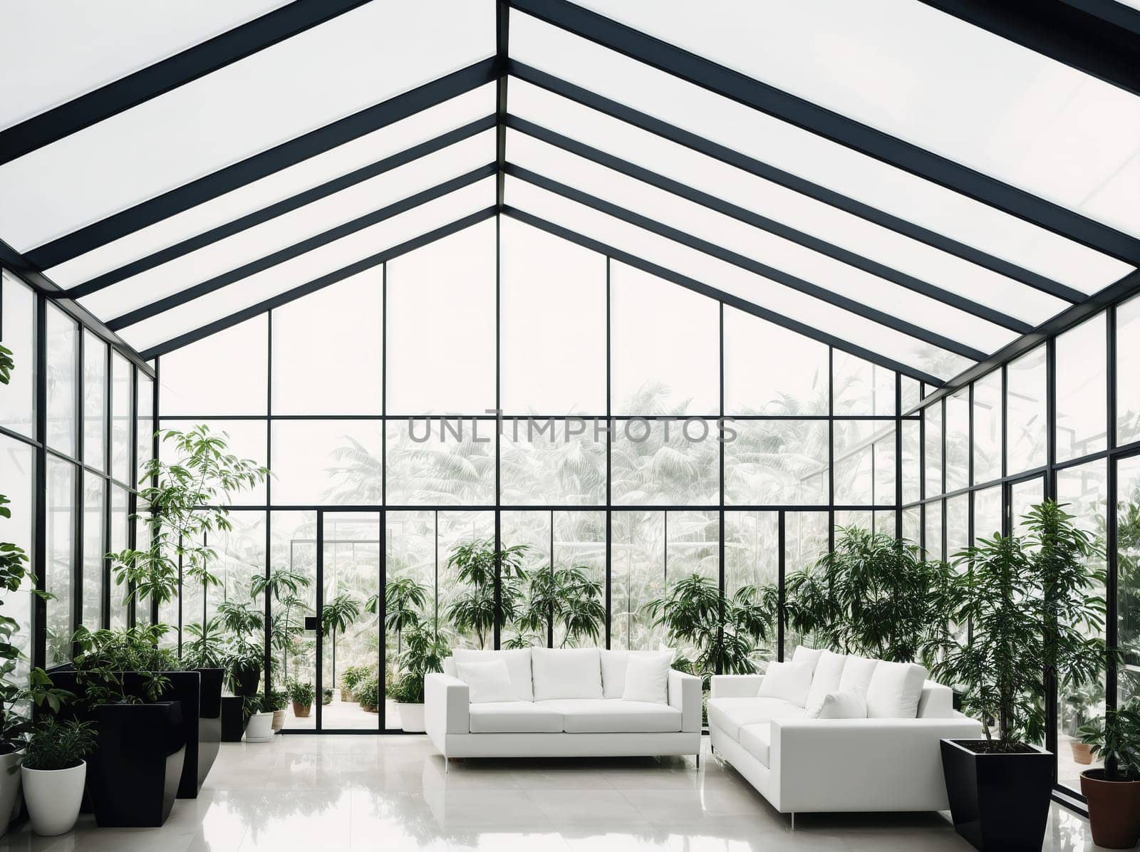 The image shows a spacious glass conservatory with white walls, a white ceiling, and white furniture, including a white couch and a white coffee table.