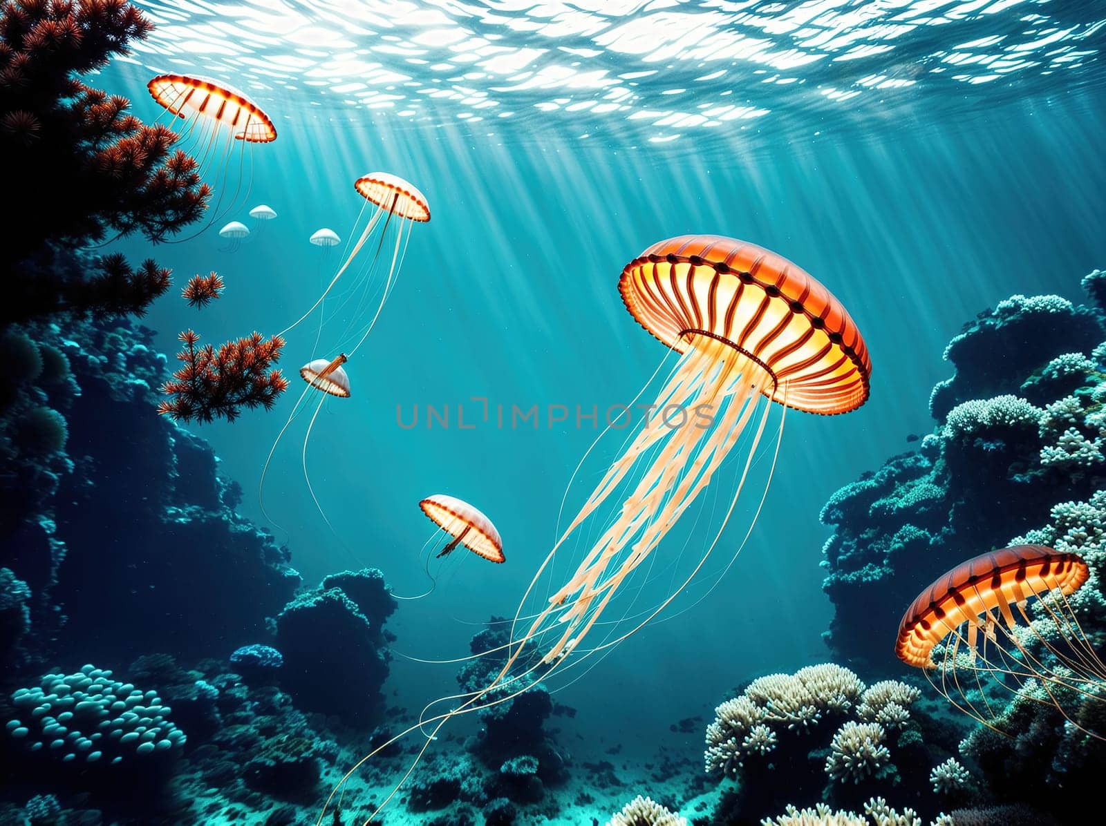 The image depicts a group of jellyfish swimming in the ocean with a coral reef in the background.